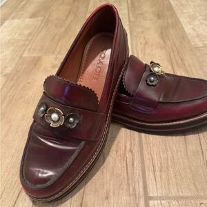 Coach Women’s Burgundy Leather Penny Loafers with Floral Hardware